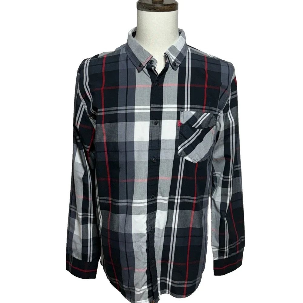 Levis Shirt Mens Large Black Gray Plaid‎ Button Down Long Sleeve Pocket Cowboy